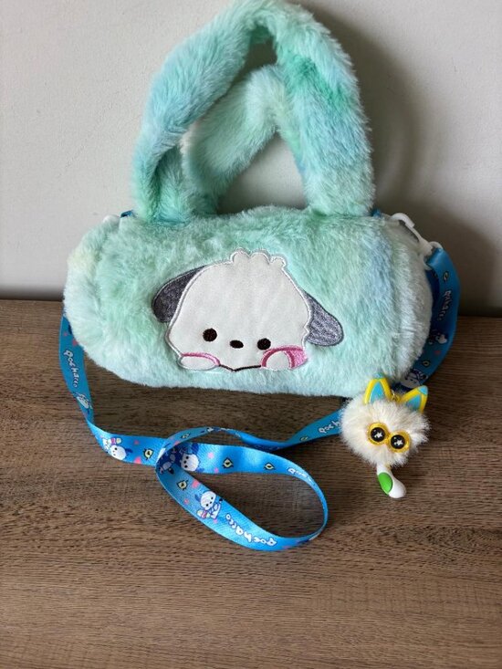 Sanrio Handbags - Sanrio Fuzzy Plush Pochacco Shoulder Bag/Crossbody Purse & Furry Bag Charm NWOT